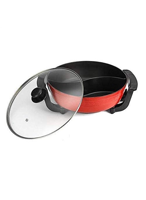 Delavala Electric Heating Hot Pot MultiFunction Non Stick Smokeless Pot with Steamer Cooker with Lid Heat Frying Pan Steaming Hot Pot Cooking Cookware for Kitchen Red