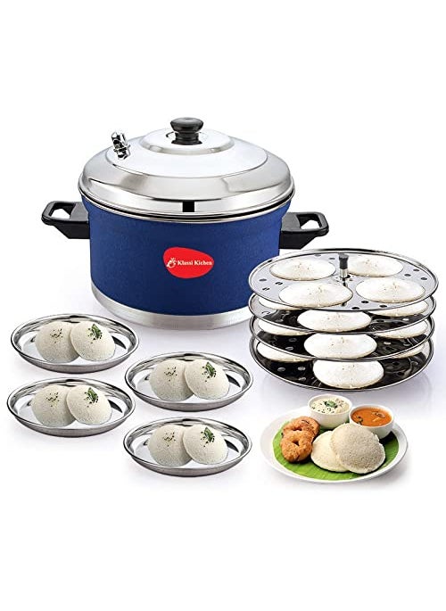 Klassi Kichen Stainless Steel Idli Cooker with 4 Plates 4 Idli Plates with 4 Halwa Plates Bakelite Handle Gas Stove and Induction Compatible Kitchen Accessories Cocoblue