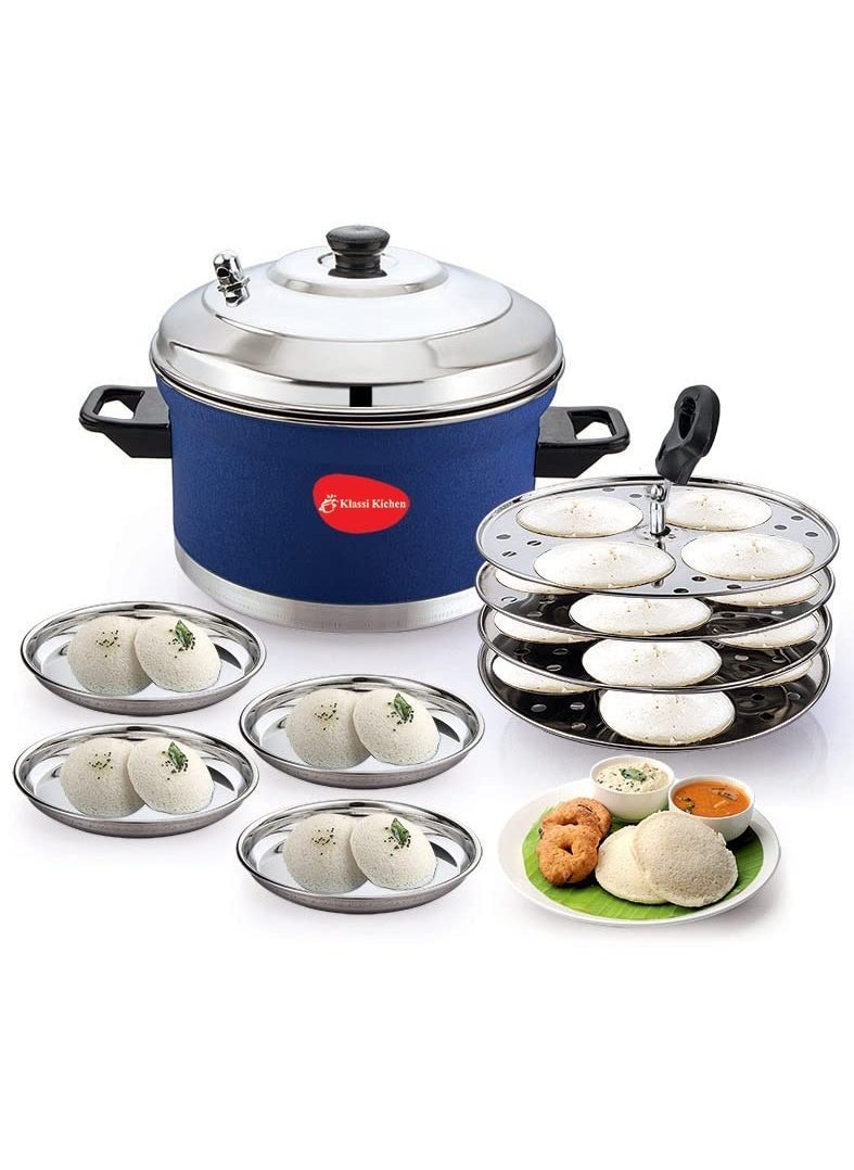 Klassi Kichen Stainless Steel Idli Cooker with 4 Plates 4 Idli Plates with 4 Halwa Plates Bakelite Handle Gas Stove and Induction Compatible Kitchen Accessories Cocoblue