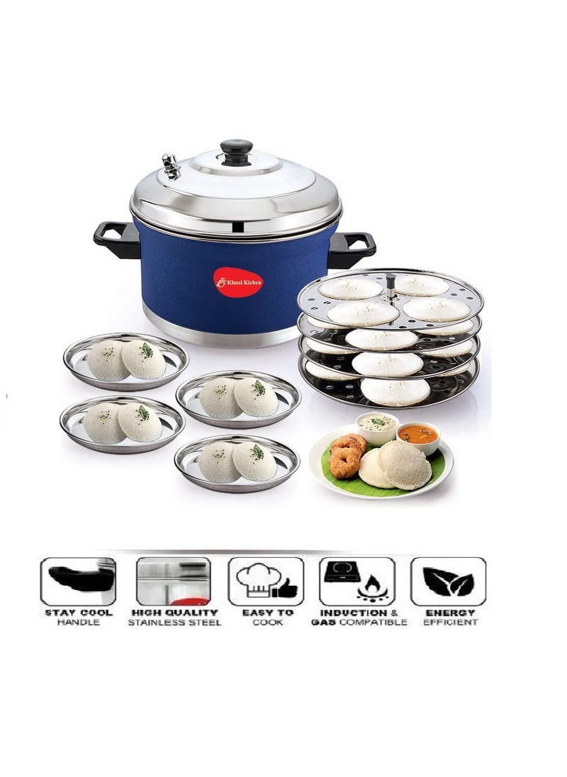 Klassi Kichen Stainless Steel Idli Cooker with 4 Plates 4 Idli Plates with 4 Halwa Plates Bakelite Handle Gas Stove and Induction Compatible Kitchen Accessories Cocoblue