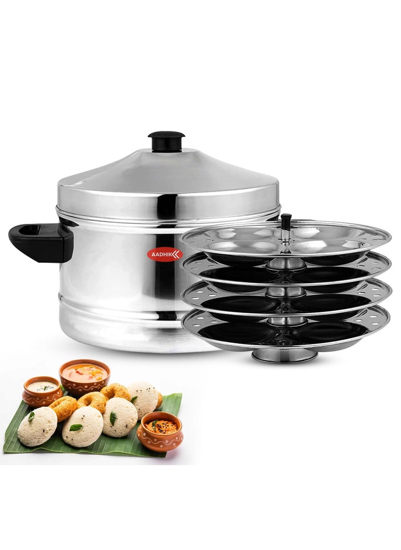 AADHIK Outer Lid Idly Cooker Stainless Steel Idli Maker With 4 Plates 16 Idlies 5 Liter Silver
