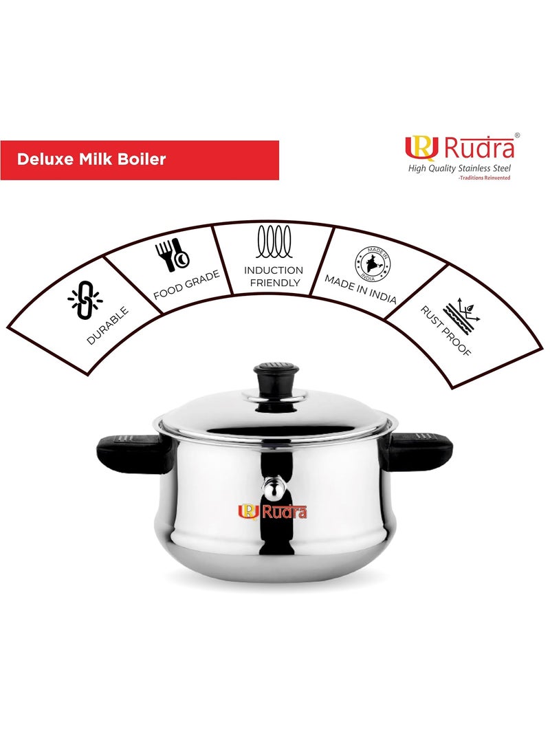 Rudra Stainless Steel Deluxe Milk Boiler3 Litre202 Grade SteelSpillProof DoubleWalledWhistle Indicator for Safe BoilingInduction Gas CompatiblePremium Mirror FinishMultipurpose Cooker