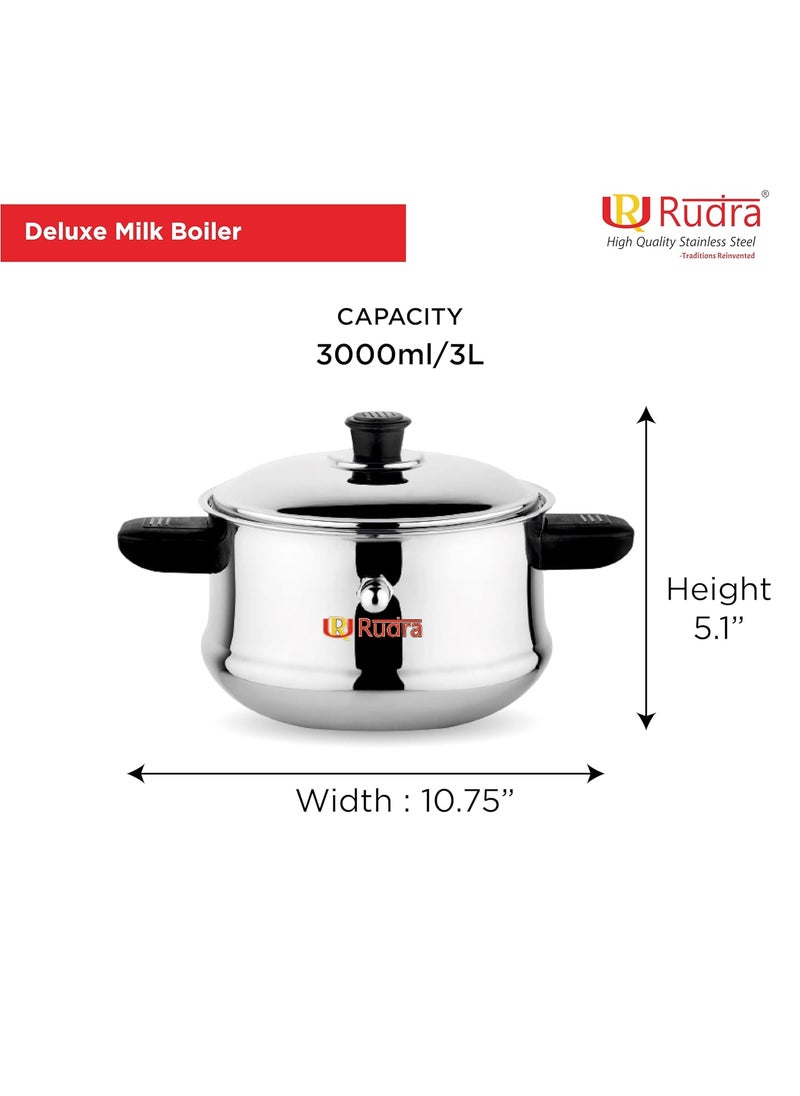 Rudra Stainless Steel Deluxe Milk Boiler3 Litre202 Grade SteelSpillProof DoubleWalledWhistle Indicator for Safe BoilingInduction Gas CompatiblePremium Mirror FinishMultipurpose Cooker