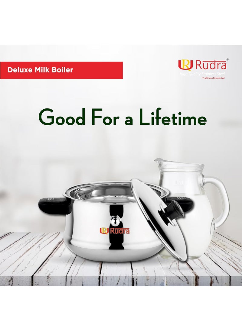 Rudra Stainless Steel Deluxe Milk Boiler3 Litre202 Grade SteelSpillProof DoubleWalledWhistle Indicator for Safe BoilingInduction Gas CompatiblePremium Mirror FinishMultipurpose Cooker