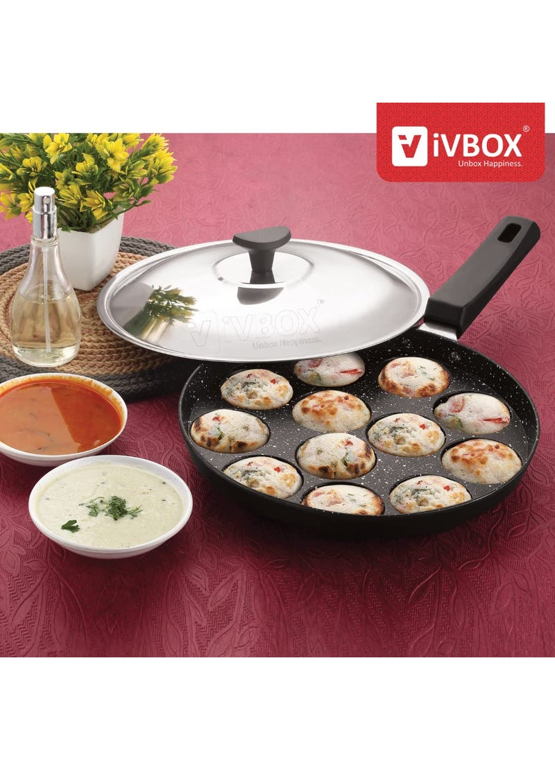 ivbox MaxEco Appa Patra HeavyBase Non Stick 12Cavity Appam Maker Pan Cast Aluminium Black
