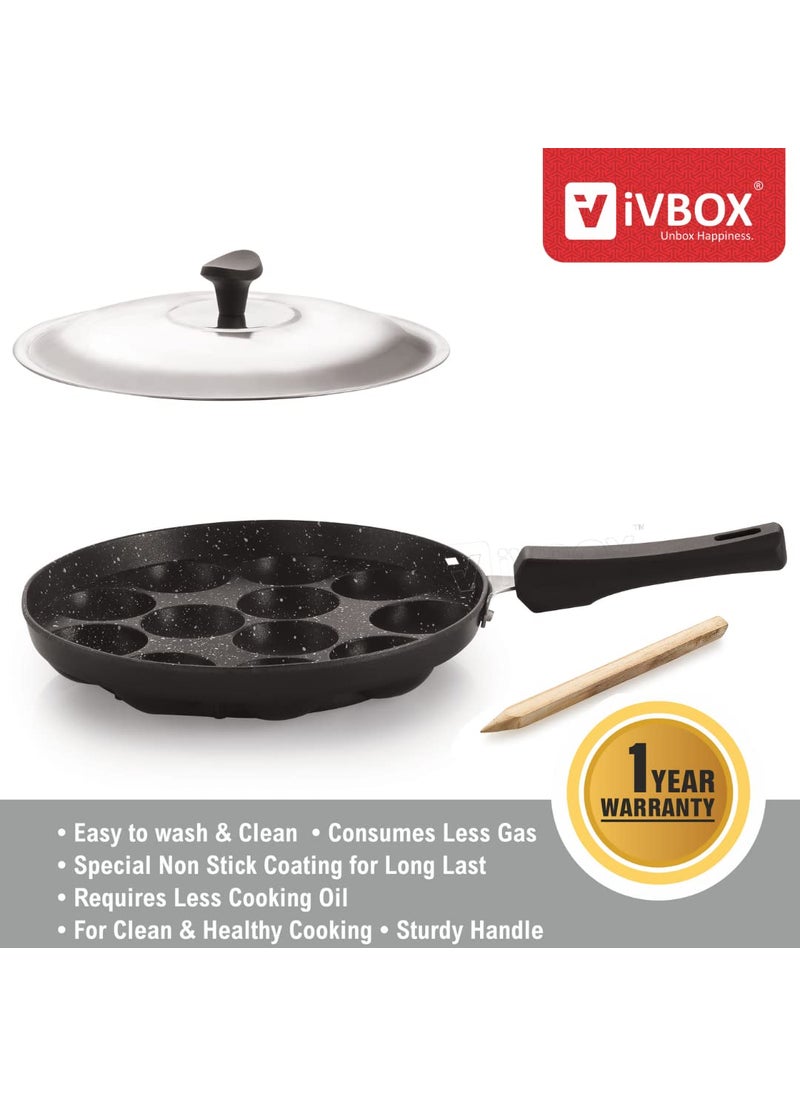 ivbox MaxEco Appa Patra HeavyBase Non Stick 12Cavity Appam Maker Pan Cast Aluminium Black