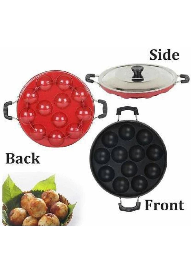 Krupanidhi Appam Maker 12 Cavities Non Stick Appam Patra with Lid RedAppam MakerPan Cakeappam kadaiidali Maker05L Capacity24cm DiameterStainless SteelNonStick