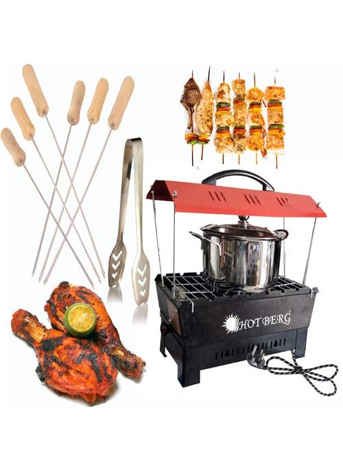 HOTBERG Electric Non Electric Barbeque Grill Tandoori Maker for Home Kitchen Use with Extra Accessories Red Hut Shape
