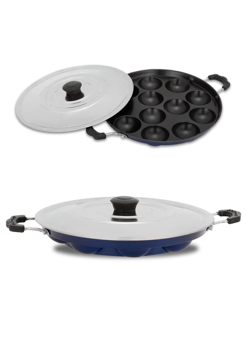 HomePro Appam Maker with 12 Cavity NonStick Coating and Aluminium Body NonStick Appam Patra with Aluminium Body and Stainless Steel Lid Blue Pack of 2