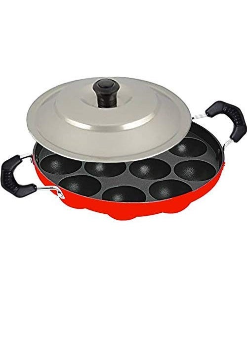 KD ZONENon Stick Aluminium Appam Maker 12 Cavity with Lid and Side Handle