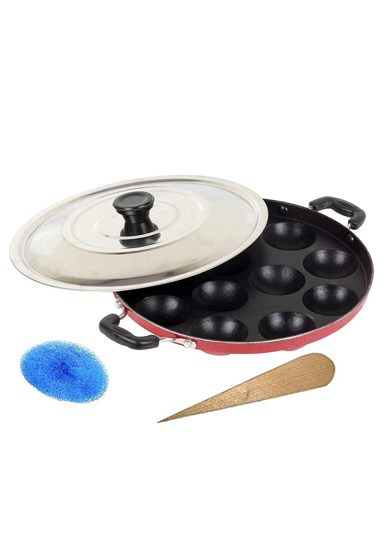 KD ZONE Non Stick Aluminium Appam Maker 12 Cavity with Lid and Side Handle