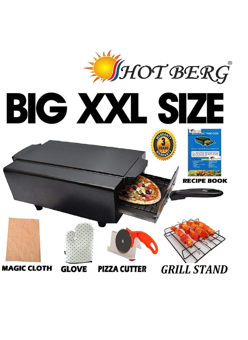 HOT BERG Heating Element 2000W 16 Inches Electric Tandoor Hand Gloves Grill Stand Magic Cloth Recipe Book 4 Skewers Pizza Cutter 4 Shocked Proof Rubber Legs Black