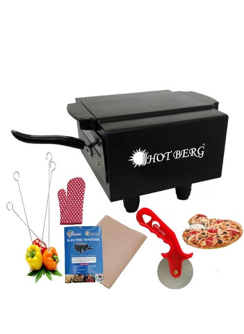 HOT BERG Heating Element 2000W 16 Inches Electric Tandoor Hand Gloves Grill Stand Magic Cloth Recipe Book 4 Skewers Pizza Cutter 4 Shocked Proof Rubber Legs Black