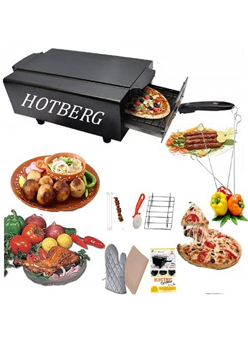 Electric Tandoor with Hand Gloves Pizza Cutter Grill Stand 4 Skewers 4 Shocked Proof Rubber Legs Recipe Book Medium 14 Inches Black