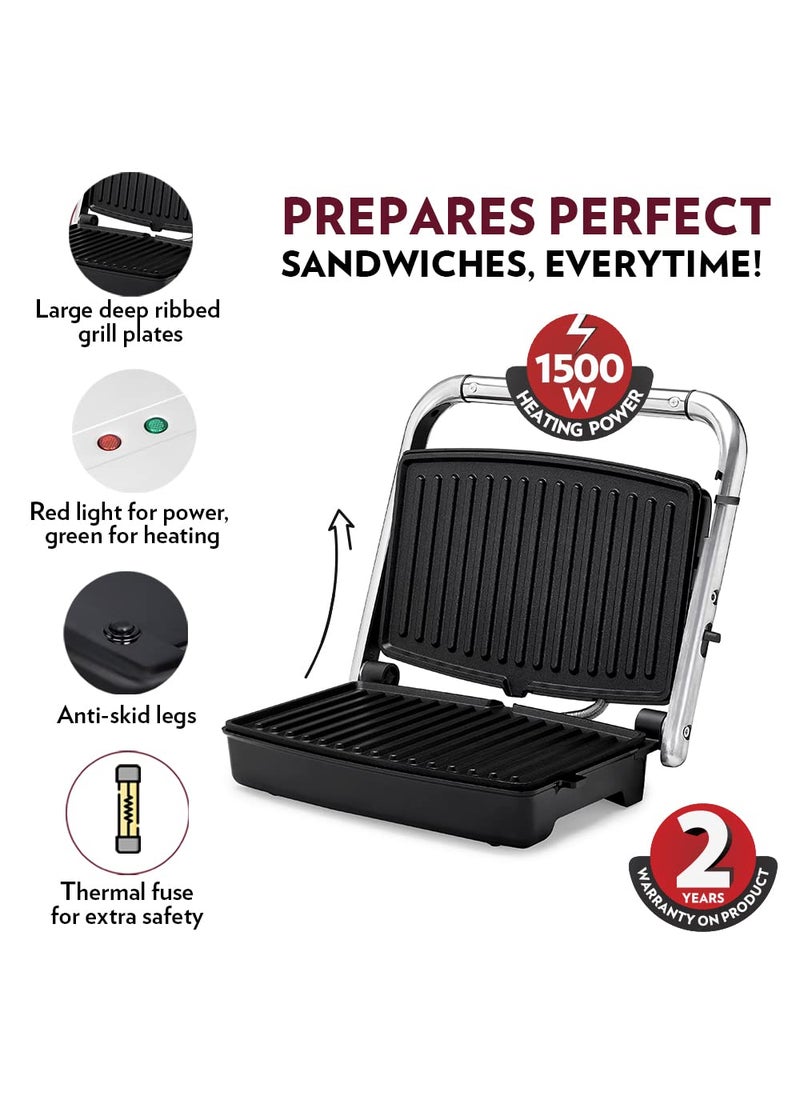 Borosil Jumbo Grill Sandwich Maker 1500W Can Make 4 Sandwich At a Time Power Indicators Non Toxic NonStick Coating Plates Opens to 180 Automatic Temprature Control 2 Year Warranty