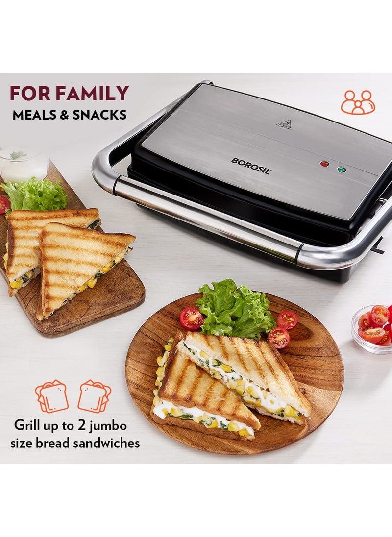 Borosil Jumbo Grill Sandwich Maker 1500W Can Make 4 Sandwich At a Time Power Indicators Non Toxic NonStick Coating Plates Opens to 180 Automatic Temprature Control 2 Year Warranty