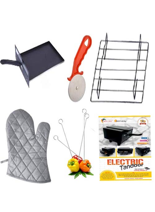 HOTBERG Tandoor with Auxiliary Equipment Non stick coated trey Black10 Inch 1500wt with pizza cutter Magic cloths 1 Grill 4 Skewers 1Recipe book 4 legs 1 handle 10 INCHES