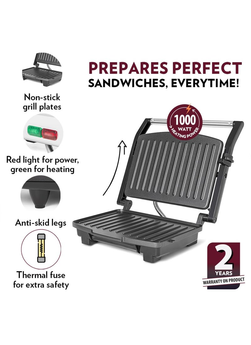 Borosil Elite Prime Grill 1000 Watt Sandwich Maker 2 Slice Automatic Grill Sandwich MakerNonstick Grill plates opens 105 BPA PTFE Free 2 Years Warranty