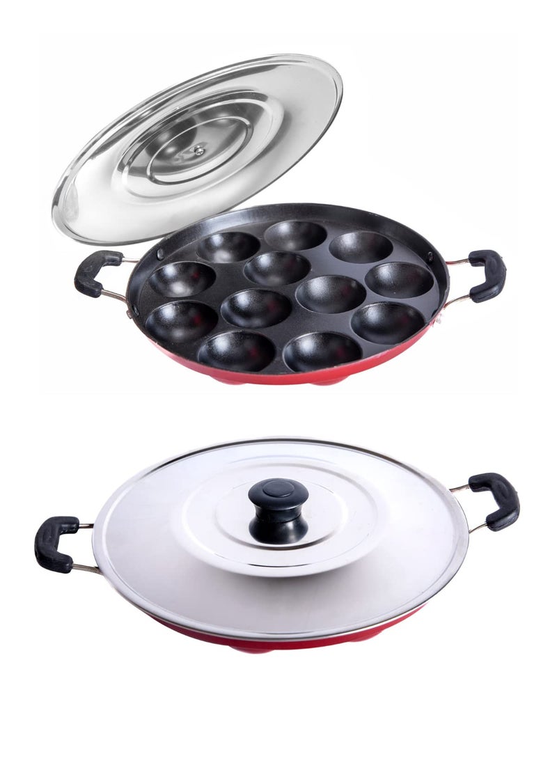 HomePro Appam Maker with 12 Cavity NonStick Coating and Aluminium Body NonStick Appam Patra with Aluminium Body and Stainless Steel Lid Red Pack of 2