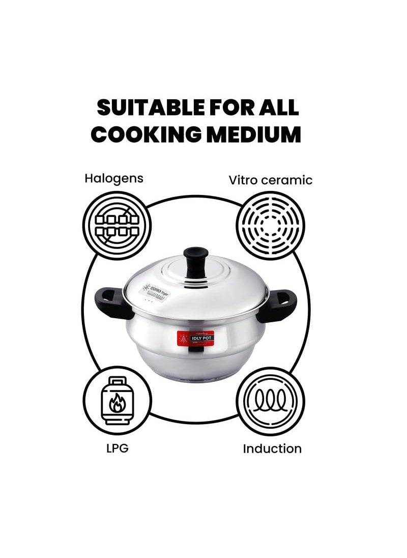 Eurostyle Compact 12 Stainless Steel Idly Maker With Encapsulated Sandwich Bottom 3 Idly Plates 2 Steamer Plates For Momos 1 Mini Idly Plate For Idly Dhokla Compact 12 Ultra