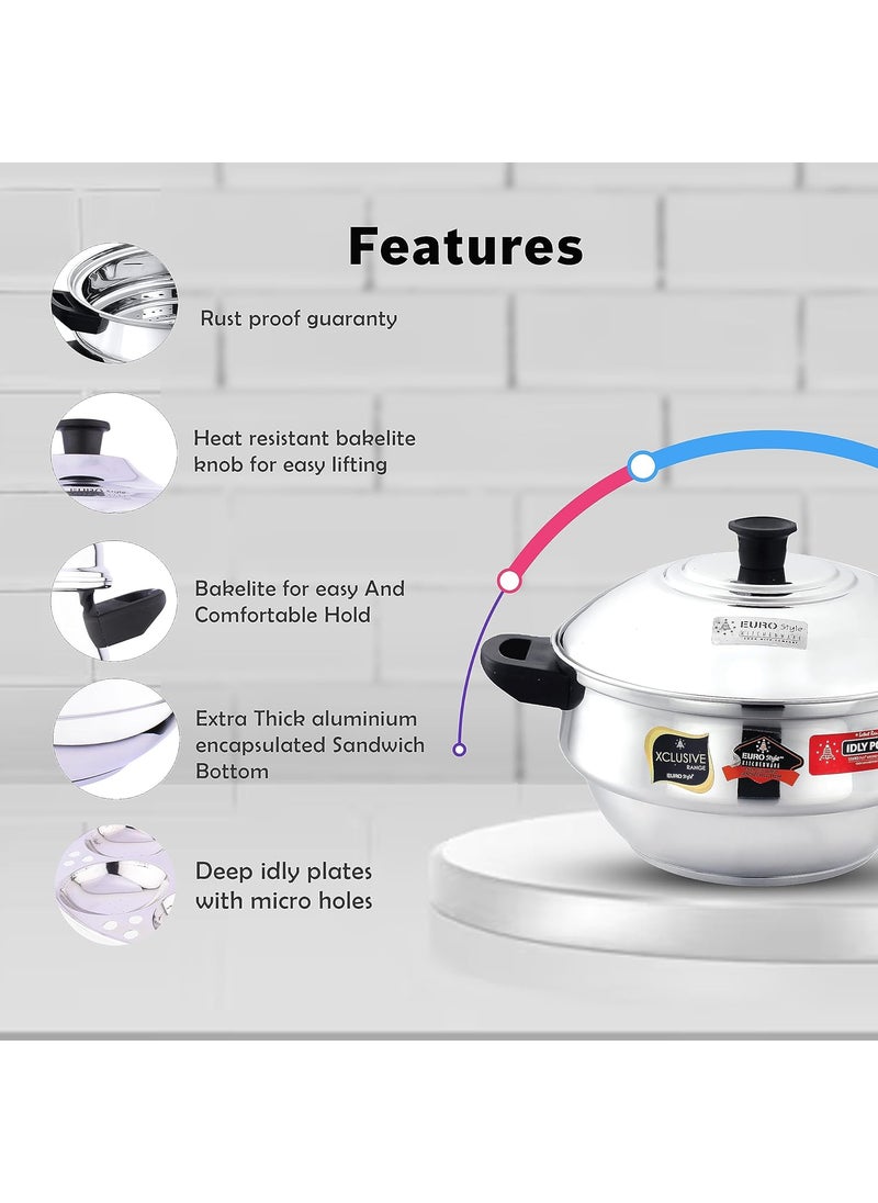 Eurostyle Compact 12 Stainless Steel Idly Maker With Encapsulated Sandwich Bottom 3 Idly Plates 2 Steamer Plates For Momos 1 Mini Idly Plate For Idly Dhokla Compact 12 Ultra