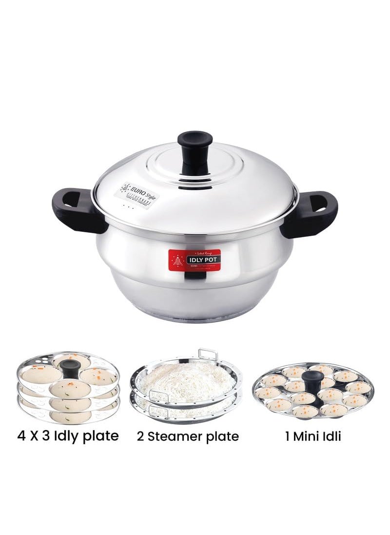 Eurostyle Compact 12 Stainless Steel Idly Maker With Encapsulated Sandwich Bottom 3 Idly Plates 2 Steamer Plates For Momos 1 Mini Idly Plate For Idly Dhokla Compact 12 Ultra