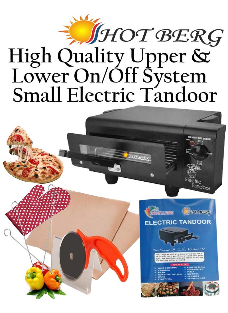 HOTBERG Cast Iron Nano Size Electric Black Tandoor with Regulator onOff Pizza Cutter Magic Cloth Grill Skewers Aluminium Tray and Recipe Book
