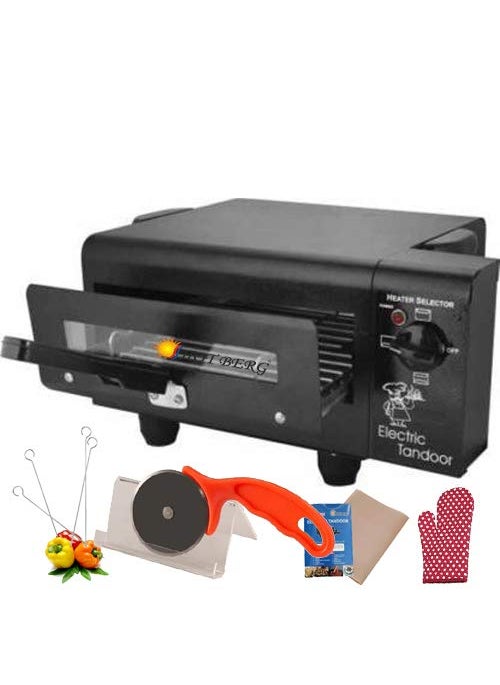 HOTBERG Cast Iron Nano Size Electric Black Tandoor with Regulator onOff Pizza Cutter Magic Cloth Grill Skewers Aluminium Tray and Recipe Book