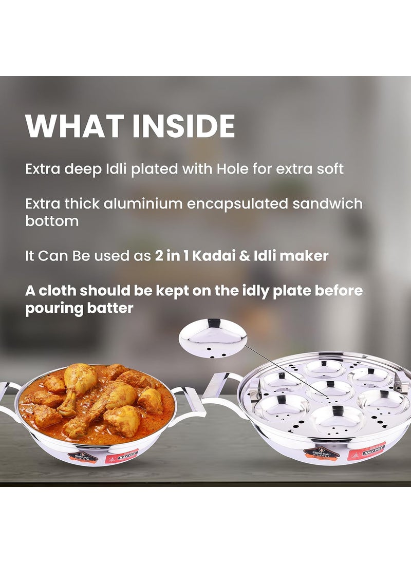 EuroStyle Delight Sandwich Bottom Idli cookware Stainless Steel kadai Idli maker 2 In 1 Highly Performance Idli Plate 7 pitsStainless Steel EUS_Delight_SB_IKD_E