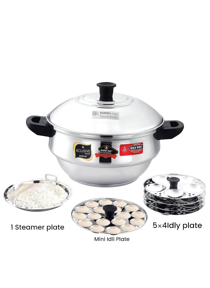 Eurostyle Compact 20 Stainless Steel Idli Maker with Encapsulated Sandwich Bottom Includes 4 Idli Plates 20 Pits 1 Steamer Plate for Momos 1 Mini Idli Plate for Idly Dhokla Compact 20 Prime