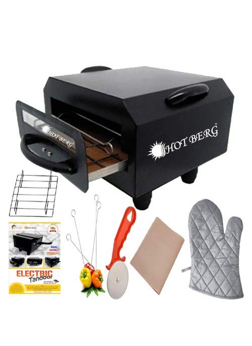 HotBerg Hot Berg Steel Element 1500W Small Electric Tandoor Combo Hand Gloves Grill Stand Magic Cloth Recipe Book 4 Skewers Pizza Cutter 4 Shocked Proof Rubber Legs Black