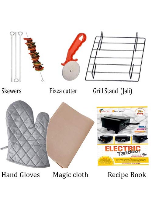 HotBerg Hot Berg Steel Element 1500W Small Electric Tandoor Combo Hand Gloves Grill Stand Magic Cloth Recipe Book 4 Skewers Pizza Cutter 4 Shocked Proof Rubber Legs Black