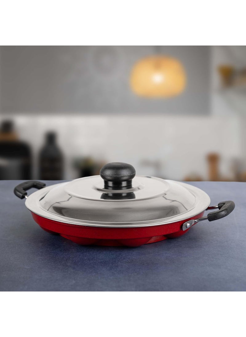 HomePro Appam Maker with 12 Cavity NonStick Coating and Aluminium Body NonStick Appam Patra with Aluminium Body and Stainless Steel Lid Red Pack of 1