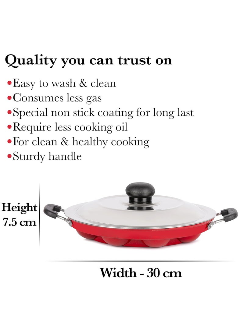 HomePro Appam Maker with 12 Cavity NonStick Coating and Aluminium Body NonStick Appam Patra with Aluminium Body and Stainless Steel Lid Red Pack of 1