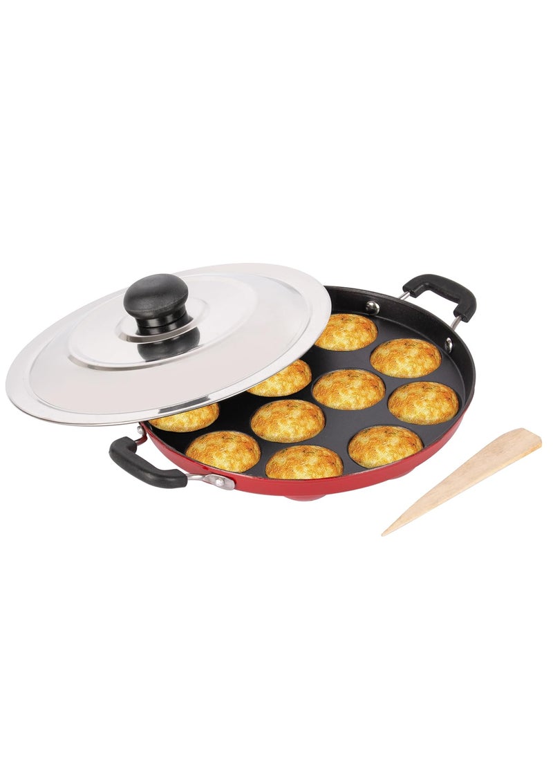 HomePro Appam Maker with 12 Cavity NonStick Coating and Aluminium Body NonStick Appam Patra with Aluminium Body and Stainless Steel Lid Red Pack of 1