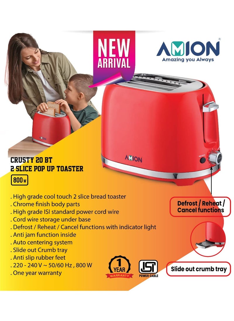 AMION Crusty Bread Toaster 2 Slice Stainless Steel Toaster with Removable Crumb Tray Wide Slot with 6 Browning Levels Reheat Defrost and Cancel Options