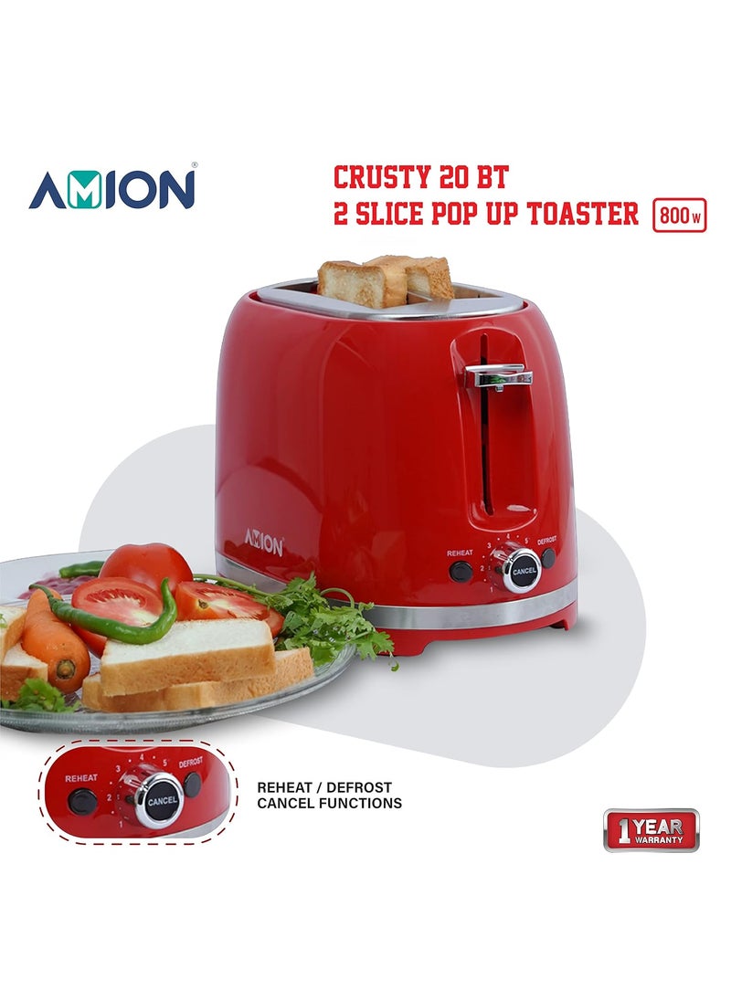 AMION Crusty Bread Toaster 2 Slice Stainless Steel Toaster with Removable Crumb Tray Wide Slot with 6 Browning Levels Reheat Defrost and Cancel Options