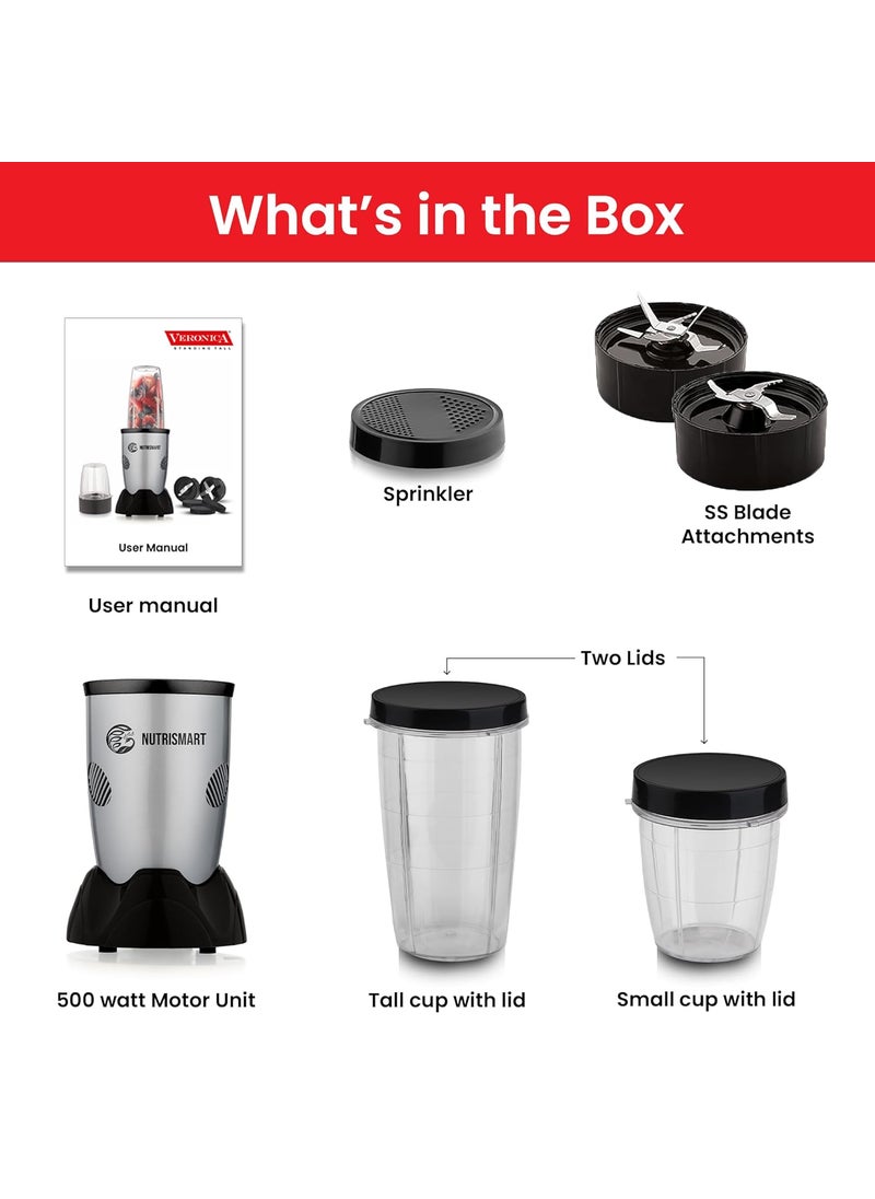 Nutri Smart Multifunction NutriBlender 2 Polycarbonate Jars 500 Watts Powerful Copper Motor 2 Stainless Steel Blade Mixing Grinding Smoothies Juicer Maker Silver