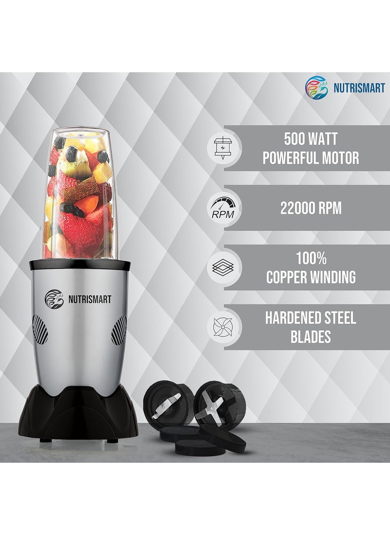 Nutri Smart Multifunction NutriBlender 2 Polycarbonate Jars 500 Watts Powerful Copper Motor 2 Stainless Steel Blade Mixing Grinding Smoothies Juicer Maker Silver