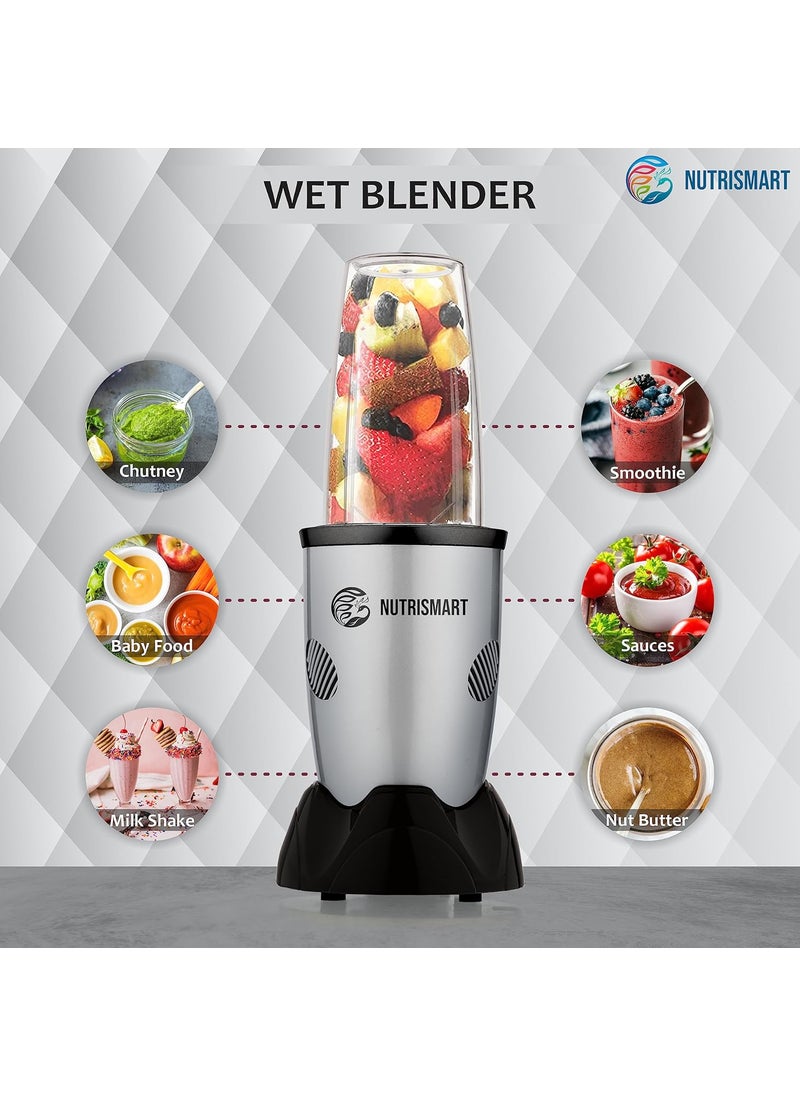 Nutri Smart Multifunction NutriBlender 2 Polycarbonate Jars 500 Watts Powerful Copper Motor 2 Stainless Steel Blade Mixing Grinding Smoothies Juicer Maker Silver
