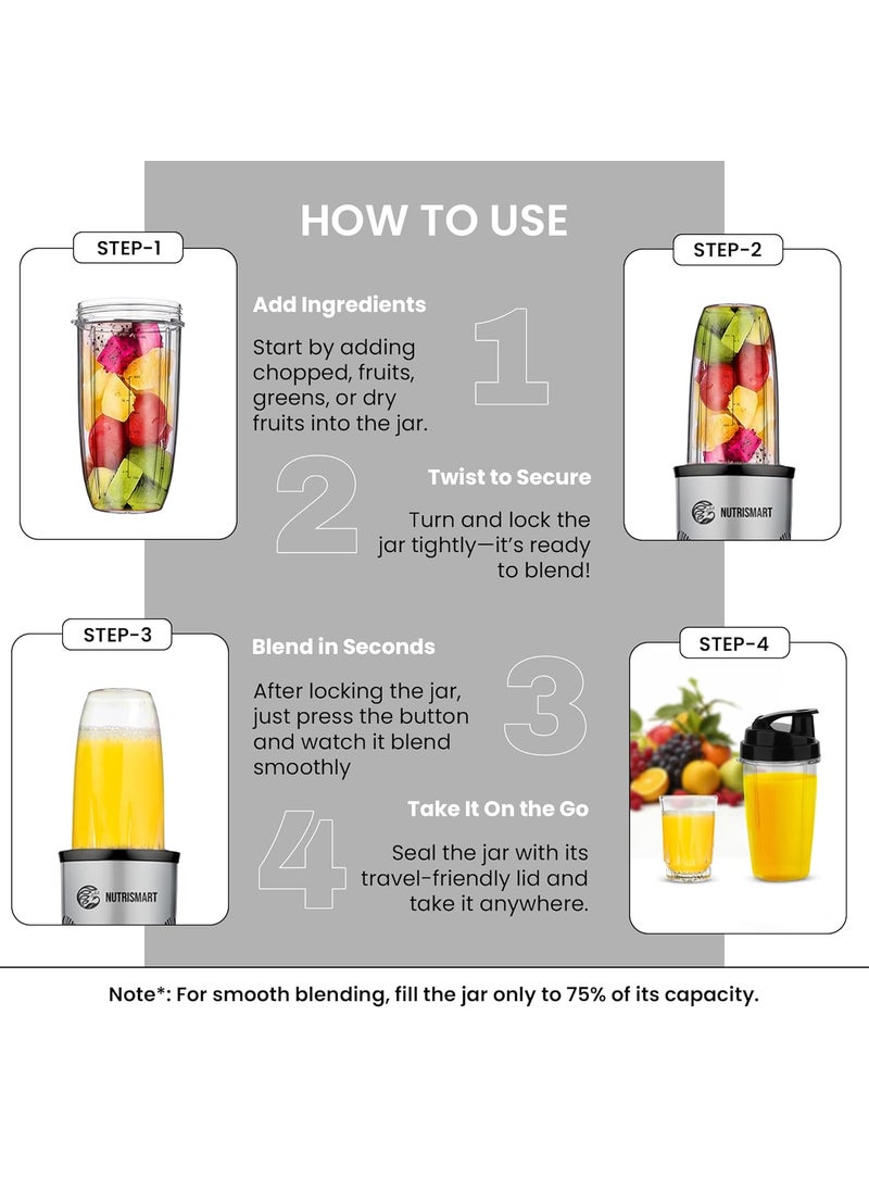 Nutri Smart Multifunction NutriBlender 2 Polycarbonate Jars 500 Watts Powerful Copper Motor 2 Stainless Steel Blade Mixing Grinding Smoothies Juicer Maker Silver