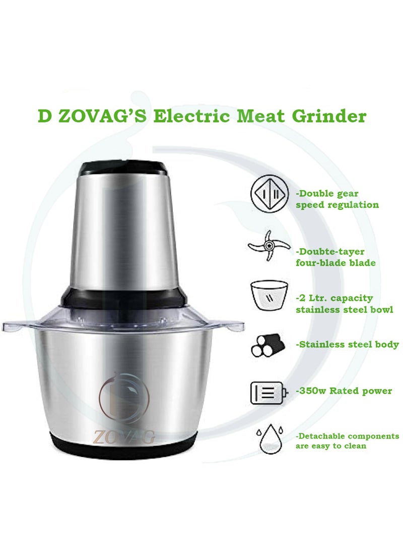 Food Chopper by D ZOVAG Food Processor Mini Electric with Grip 2L350W Meat Grinder with 4 BiLevel Blades Stainless Steel Mincer for Kitchen Vegetable Onion Garlic Salad Baby Food Fruit Nuts