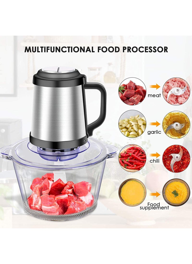 Olpad Electric Food Chopper Cup BPAFree Mini Food Processor 2L Glass Bowl Meat Grinder for Vegetable Fruits Nuts Stainless Steel Motor Unit and 4 Sharp Blades Fast Slow 3 Speeds 250W