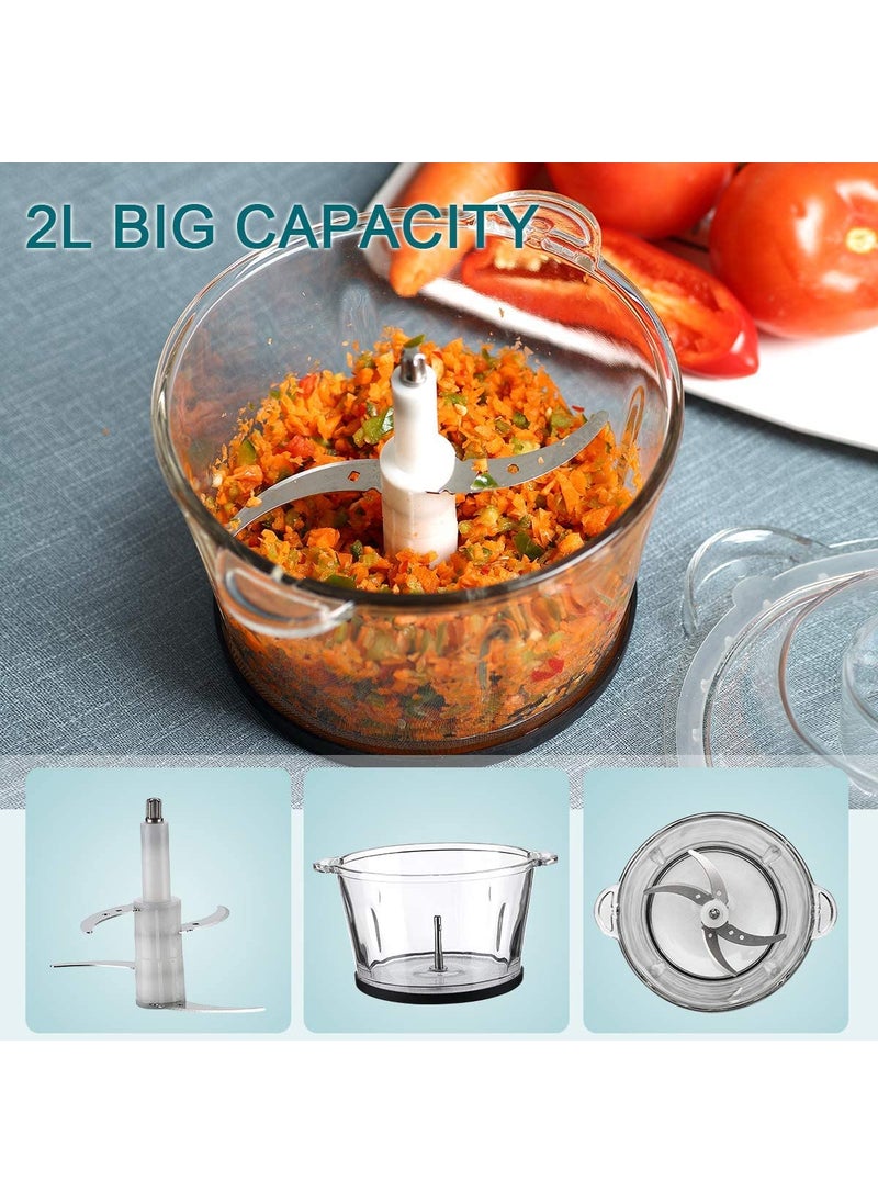 Olpad Electric Food Chopper Cup BPAFree Mini Food Processor 2L Glass Bowl Meat Grinder for Vegetable Fruits Nuts Stainless Steel Motor Unit and 4 Sharp Blades Fast Slow 3 Speeds 250W