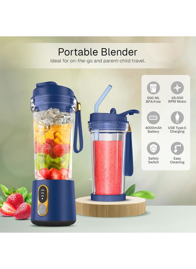 HOMEBASIC R100 Portable Blender Juicer for Kitchen Smoothies Juices Shakes Crushing Ice Baby Food 18000 RPM 300W Motor 4000mAh Battery 500ML BPAFree Food Grade Jar Sharp SS Blades Luxury Blue