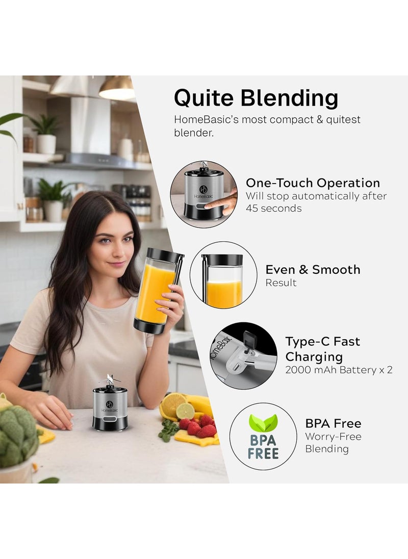 HOMEBASIC 450ML Borosilicate Glass Portable Blender Juicer for Smoothie and Juices Shakes Crushing Ice Baby Food Kitchen 16500 RPM 126W Motor 4000mAh Battery Food Grade Jar Stainless Steel Blades