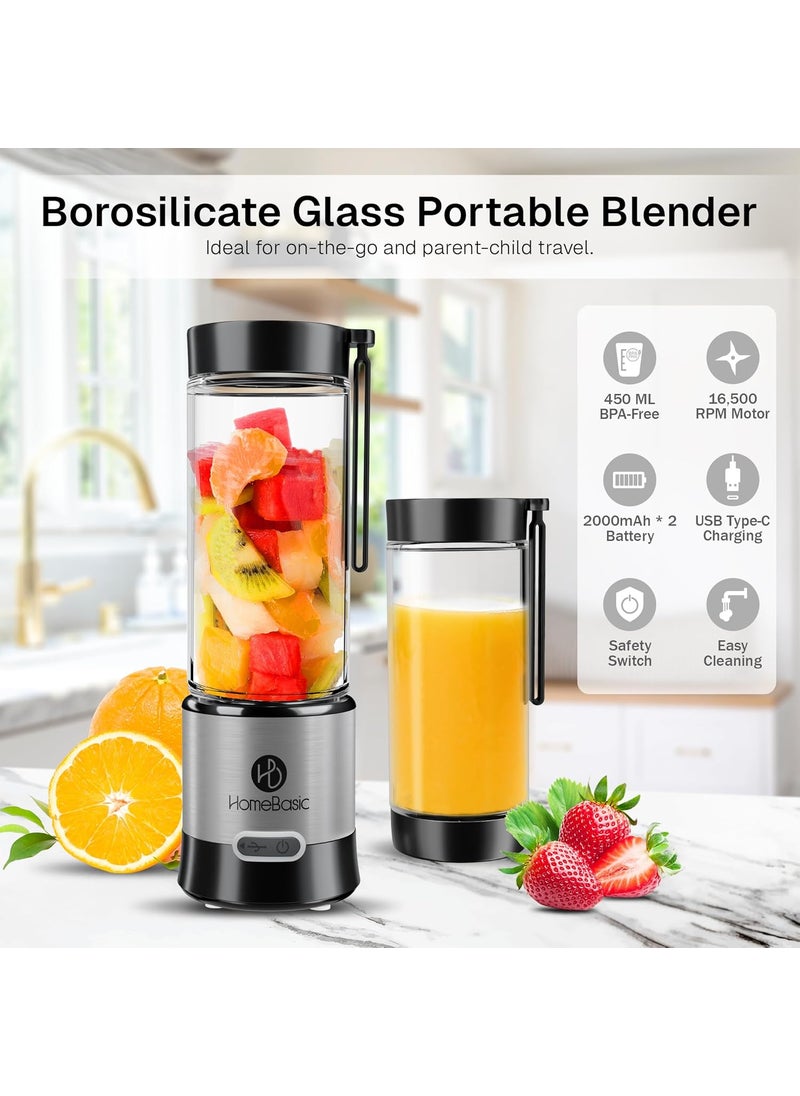 HOMEBASIC 450ML Borosilicate Glass Portable Blender Juicer for Smoothie and Juices Shakes Crushing Ice Baby Food Kitchen 16500 RPM 126W Motor 4000mAh Battery Food Grade Jar Stainless Steel Blades