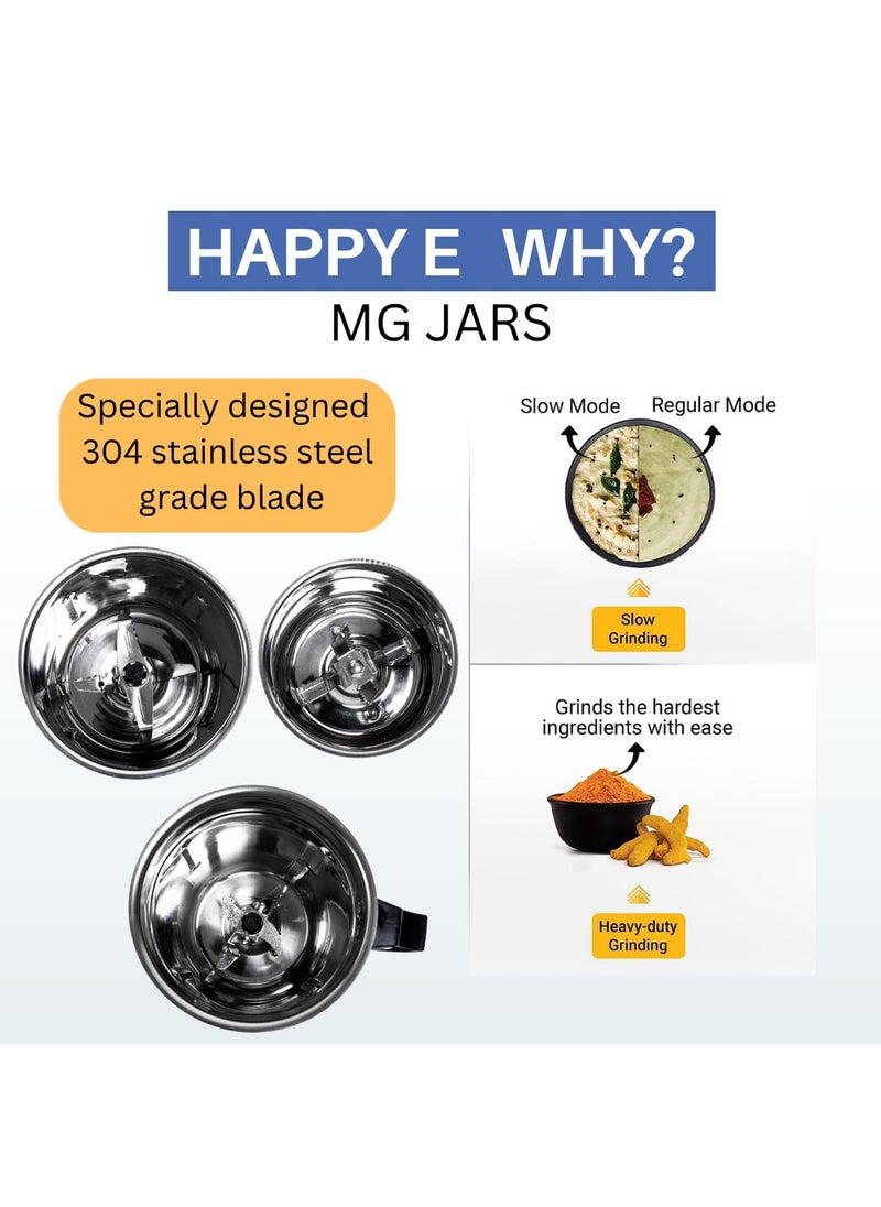 HAPPY E Mixer Grinder Jars 3Pack Set Mixer Jars Set for Blending Grinding Crushing