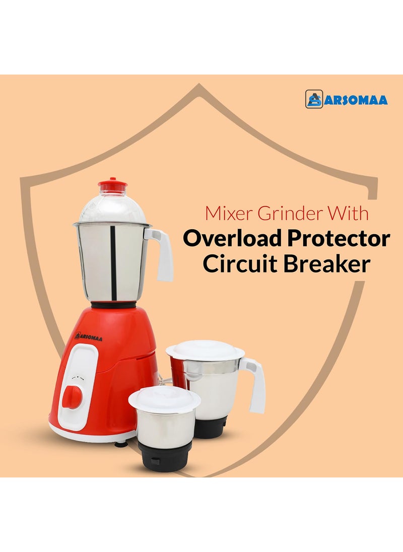 ARSOMAA Glam Mixer Grinder Power Pro 550Watt Your Culinary Creations with 3 Jars Stainless Steel Blades 24 Months Warranty Bold Red Elegance