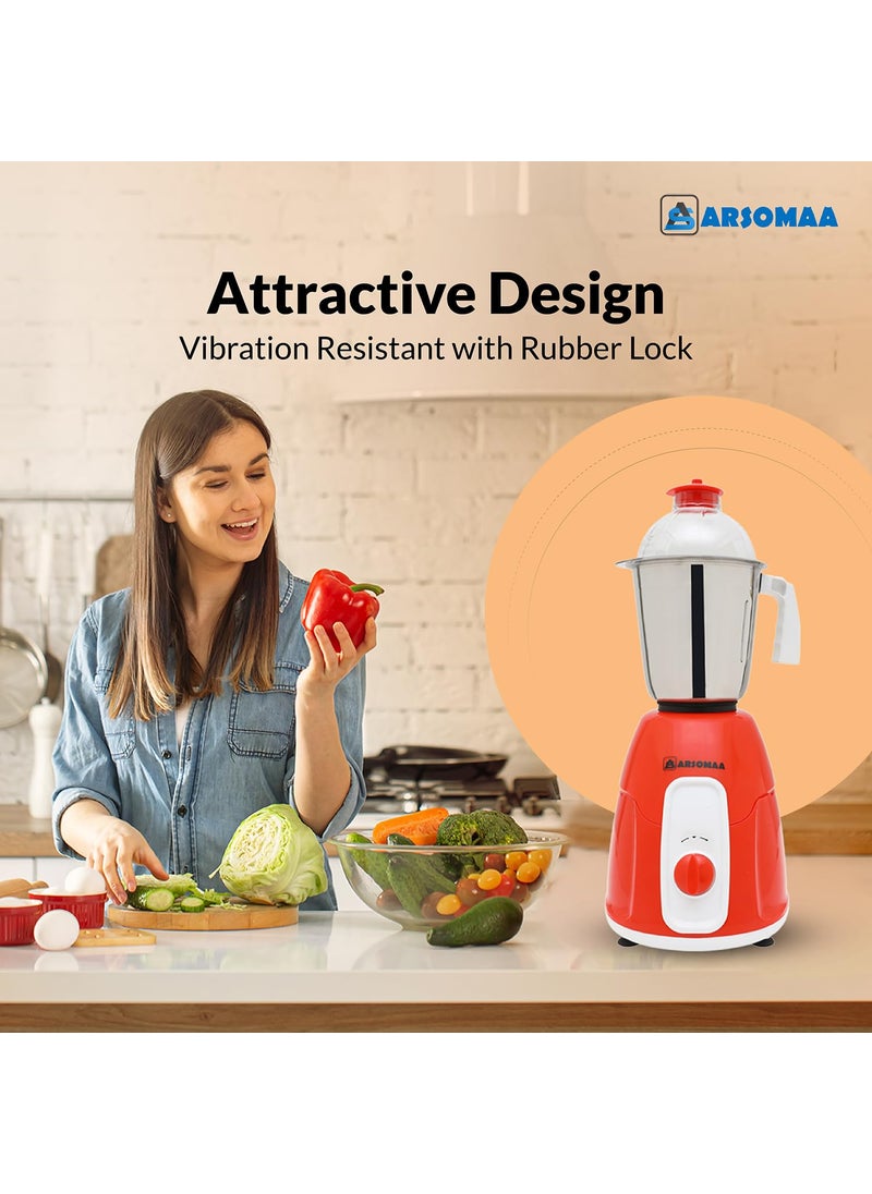 ARSOMAA Glam Mixer Grinder Power Pro 550Watt Your Culinary Creations with 3 Jars Stainless Steel Blades 24 Months Warranty Bold Red Elegance